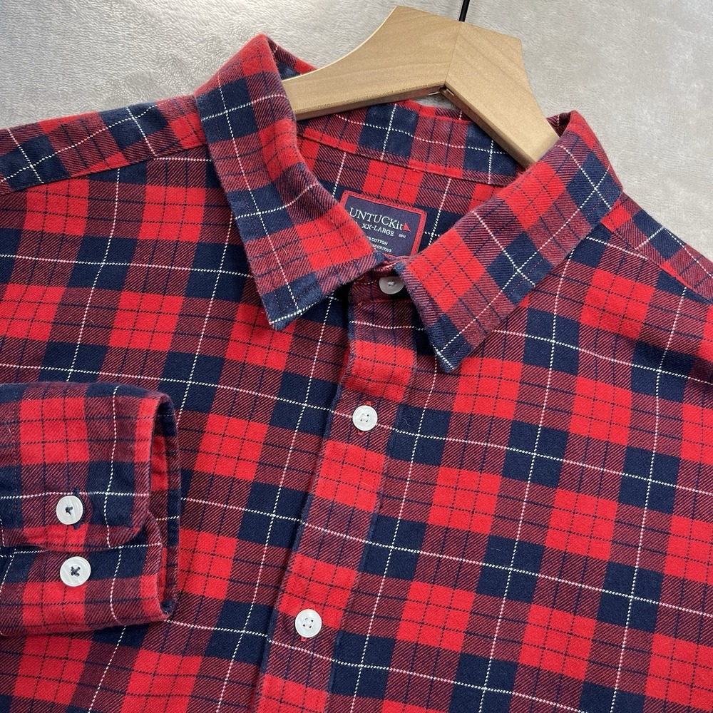 UNTUCKit Shirt Mens 2XL Red Navy Plaid Daumas Flannel Long Sleeve Button Up